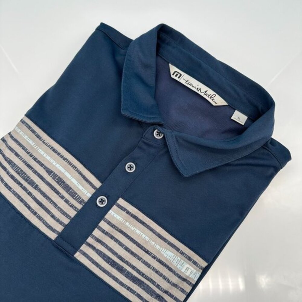 Travis Mathew Men's Performance Short Sleeve Golf Polo Shirt, Size XL, Navy/Tan